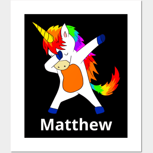 Matthew First Name Personalized Dabbing Unicorn Posters and Art